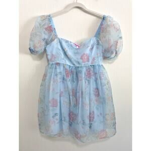 Dolls Kill Hollie Hobby Babydoll Floral Dress M Blue Sheer Puff Sleeve Coquette
